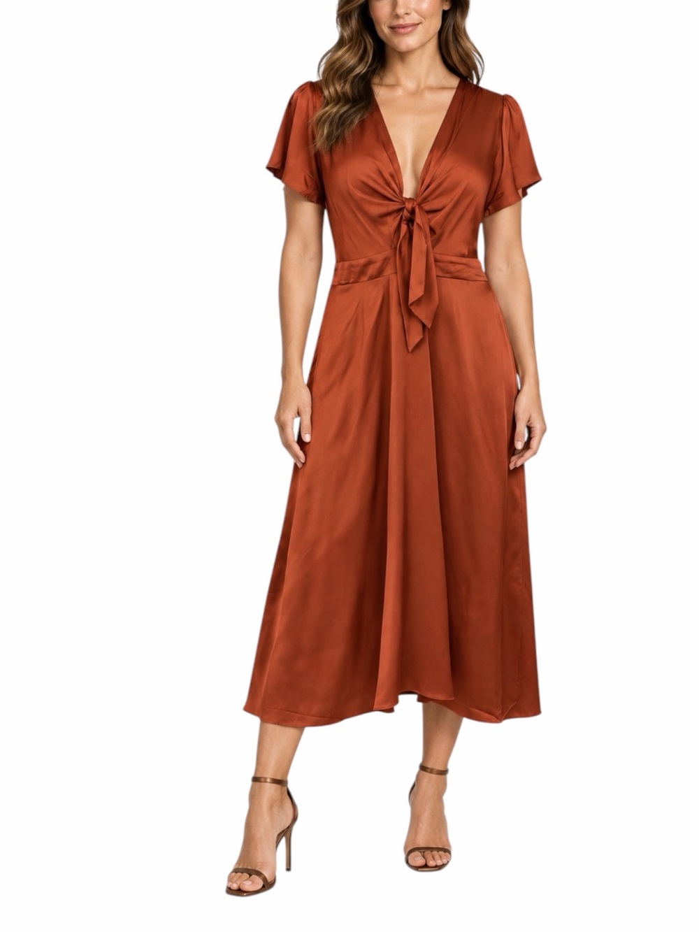 Baltic Born Poppy Satin Midi Dress Size XXL Rust Tie Front Stretch Wedding Guest
